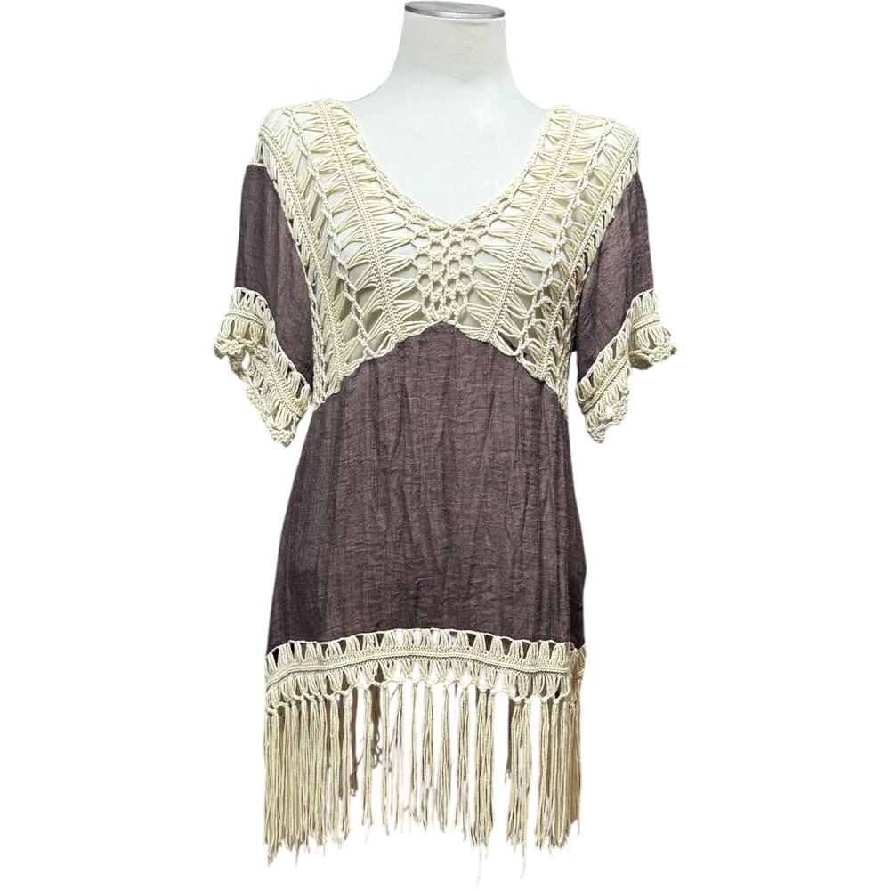 Kori America Brown Tan Boho Fringe Top Medium